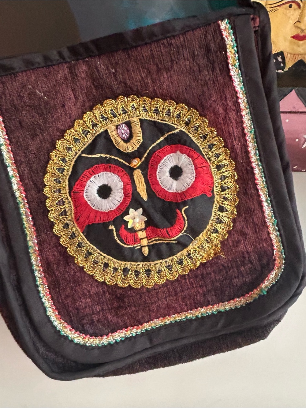 Boho Embroidered Jagannath Face Velvet Crossbody Shoulder Bag
